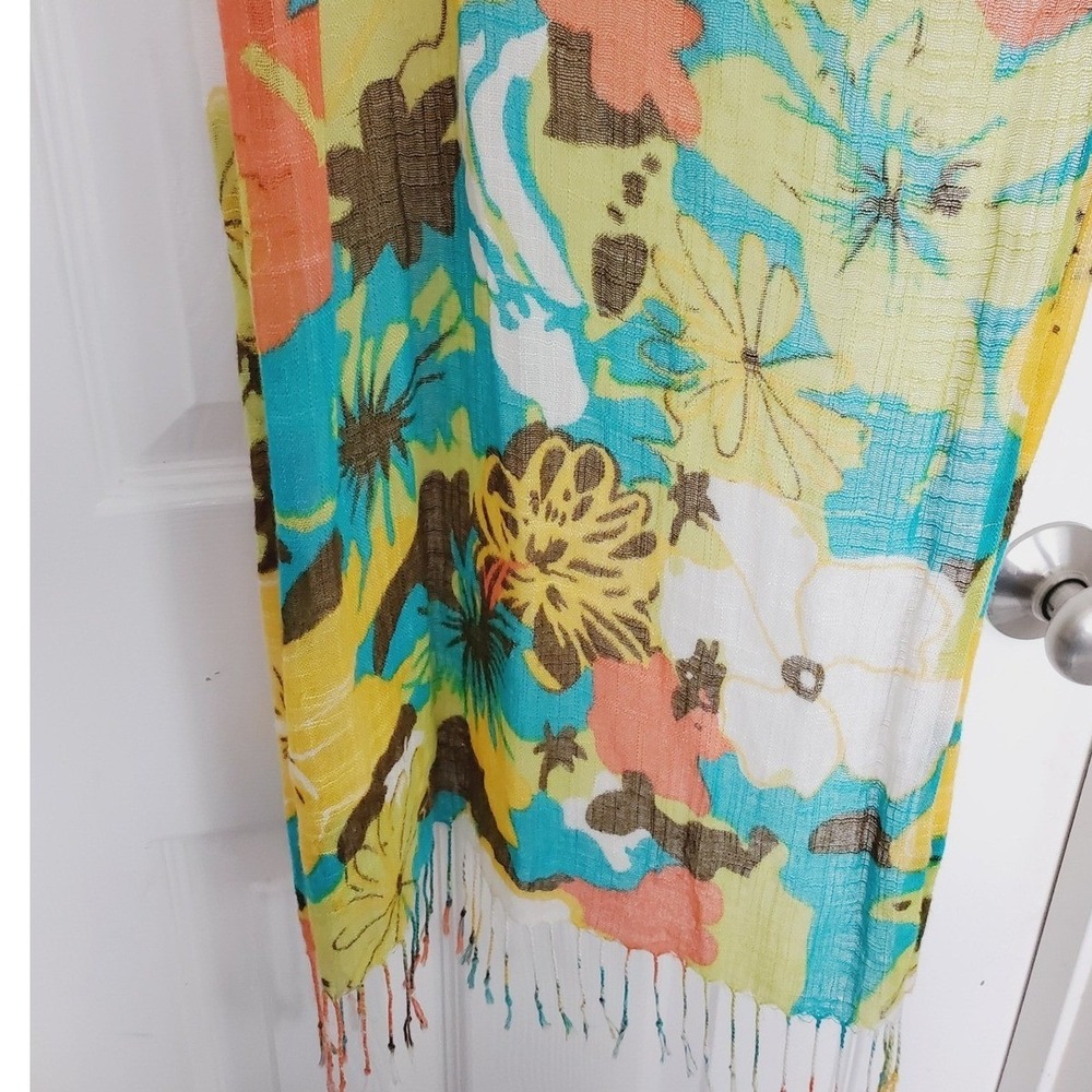 Teal Tropical Floral Scarf‎ Lightweight Gauze Boho Fringe Summer Wrap Belt OS